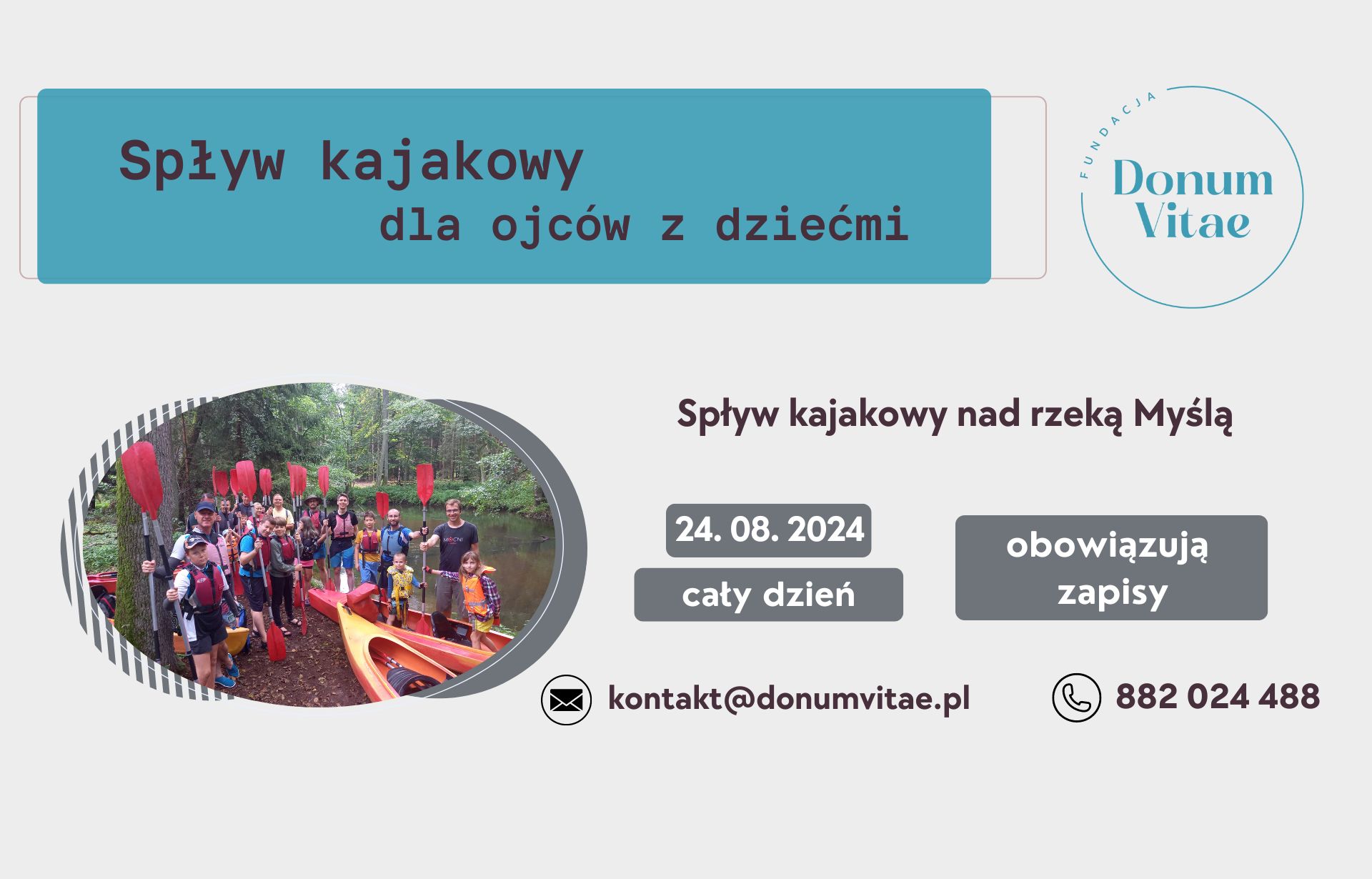 Zaproszenie spływ kajakowy rzeką Myślą dla ojców i dzieci